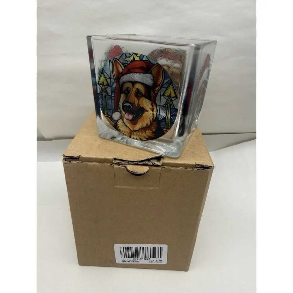 Stained Glass Styled Square Tealight Holder- Christmas Hat Dog, Real Glass Cup..